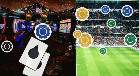 Split image: a casino/lounge with slot machines on the left and a soccer stadium on the right, overlaid with gear icons signalling tech or settings.