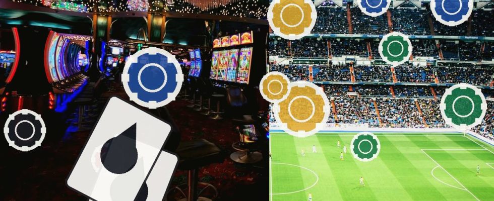 Split image: a casino/lounge with slot machines on the left and a soccer stadium on the right, overlaid with gear icons signalling tech or settings.