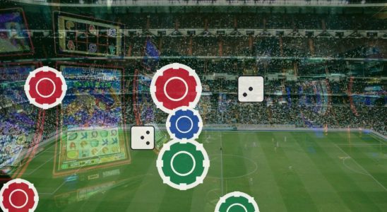 Stadium filled with spectators overlaid by red, blue, and green casino chips and dice icons with a betting theme.