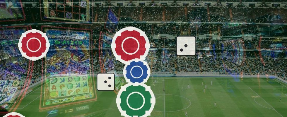 Stadium filled with spectators overlaid by red, blue, and green casino chips and dice icons with a betting theme.