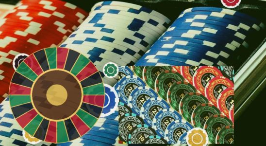 Casino-themed collage with colorful poker chips and a roulette wheel against stacked chip backgrounds, plus decorative circular accents.