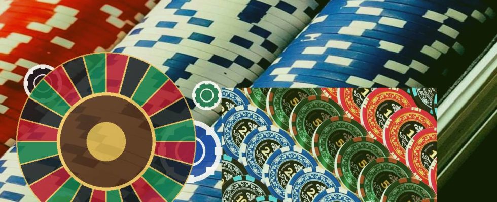 Casino-themed collage with colorful poker chips and a roulette wheel against stacked chip backgrounds, plus decorative circular accents.