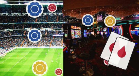 Split image: left side shows a packed soccer stadium with players on a green pitch and overlaid blue/yellow/red circular icons; right side shows a dim casino floor with slot machines and two cards with red teardrop symbols.
