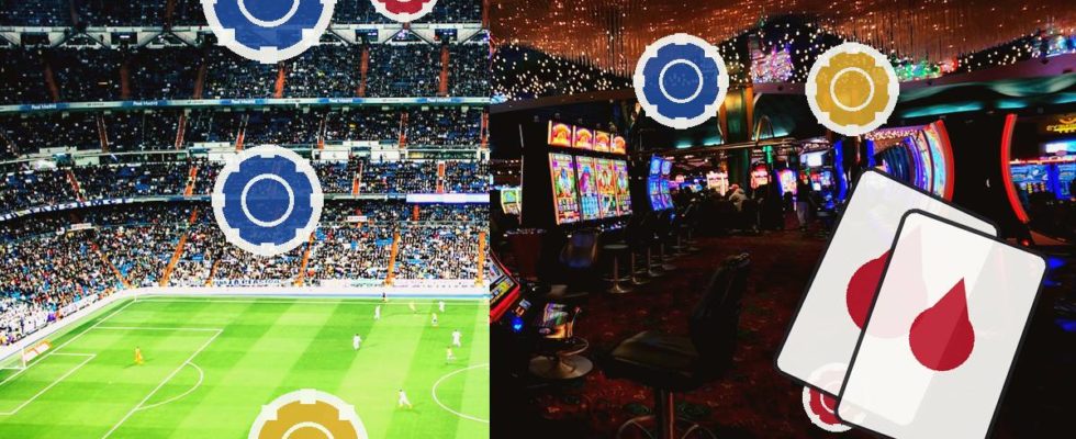 Split image: left side shows a packed soccer stadium with players on a green pitch and overlaid blue/yellow/red circular icons; right side shows a dim casino floor with slot machines and two cards with red teardrop symbols.