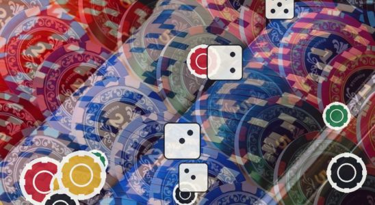 Colorful poker chips scattered across a surface with white dice icons overlaying them.