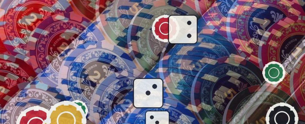 Colorful poker chips scattered across a surface with white dice icons overlaying them.