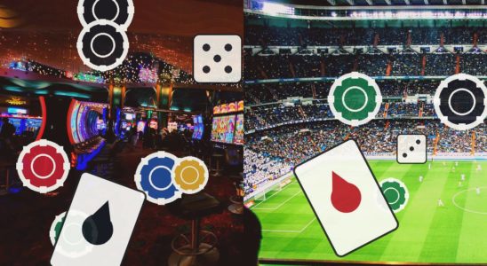 Split image showing a casino interior with poker chips and cards on the left and a football stadium with betting icons on the right.