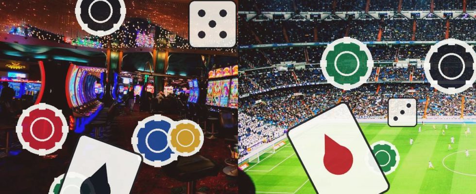 Split image showing a casino interior with poker chips and cards on the left and a football stadium with betting icons on the right.