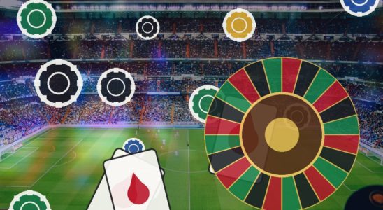 Colorful casino game elements (roulette wheel, playing cards, chips) over a soccer stadium crowd, suggesting sports betting.