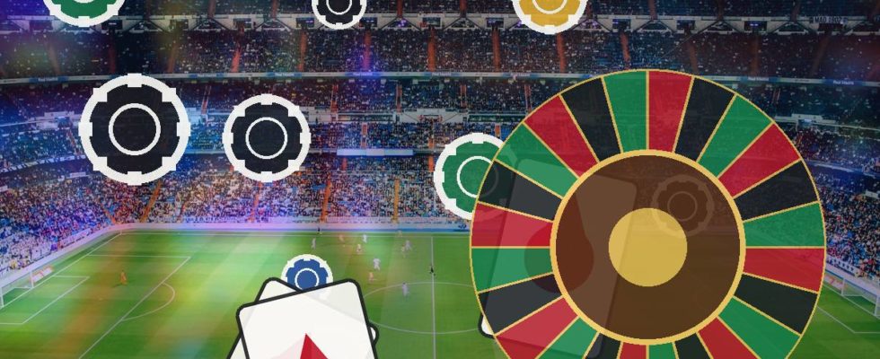Colorful casino game elements (roulette wheel, playing cards, chips) over a soccer stadium crowd, suggesting sports betting.